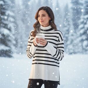 Elegant Black and White Striped Turtleneck Sweater